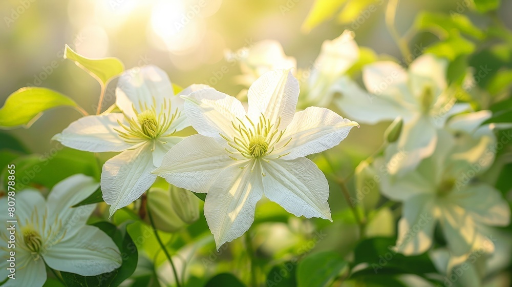 White clematis flowers basking in sunlight White clematis flowers basking in sunlight