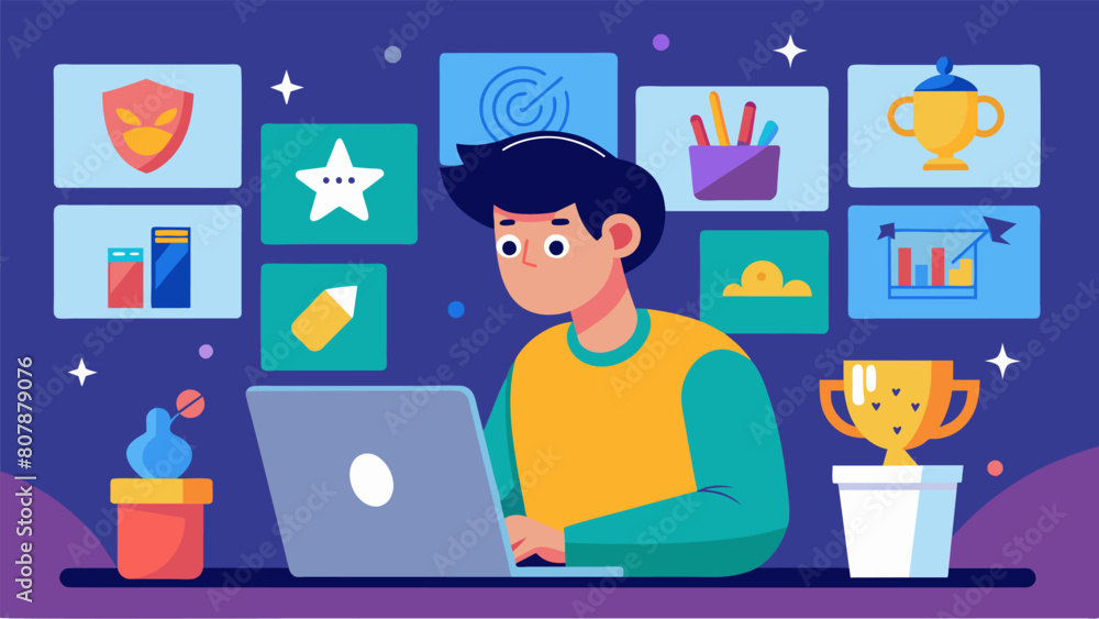 A teenager spends hours scrolling through various online art competitions carefully selecting which ones to participate in based on their interests. Vector illustration
