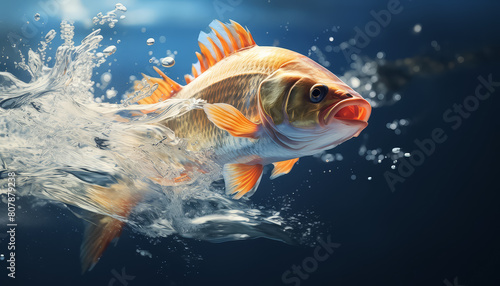A fish is swimming in the water with its mouth open