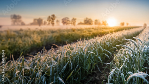 Close-up of young green wheat field with hoar-frost. Early morning spring frost on a wheat field.  Landscape background with young wheat ears covered with snow. Concept of agriculture or farming.
