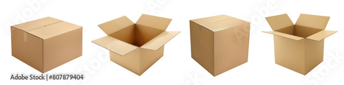 Empty cardboard box set. Realistic open and closed boxes isolated on transparent background. Png file. photo