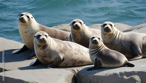 A family of seals basking on a rocky outcrop in th photo