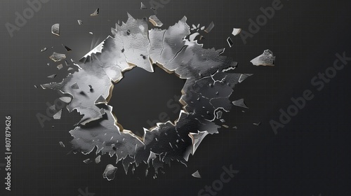 Metal sheet with ripped edges, bullet hole isolated on transparent background. Damaged metal page from gunshot or explosion. Modern realistic mockup of ripped edges, bullet holes. photo