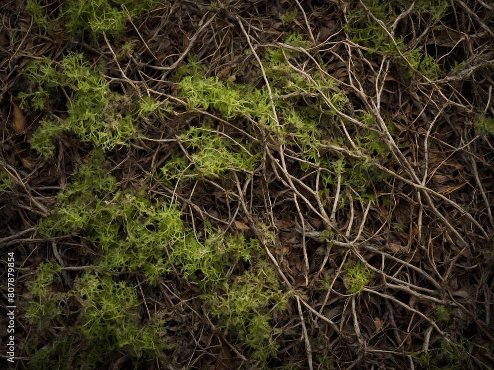Mix of vibrant green moss, dry, brown twigs on forest floor. This contrast creates natural mosaic, capturing essence of woodland undergrowth where life, decay coexist. Mix of vibrant green moss, dry, brown twigs on forest floor. This contrast creates natural mosaic, capturing essence of woodland undergrowth where life, decay coexist.