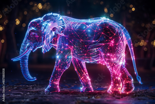  Explore an enchanting wireframe visualization against a radiant translucent backdrop, showcasing an intricate elephant design in a captivating and futuristic concept. © River Girl