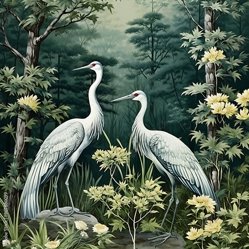 Digital painting of a pair of cranes in the misty forest © SS GRAPHICS