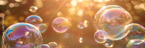 Multiple soap bubbles of various sizes floating in the air  reflecting light and creating a shimmering effect
