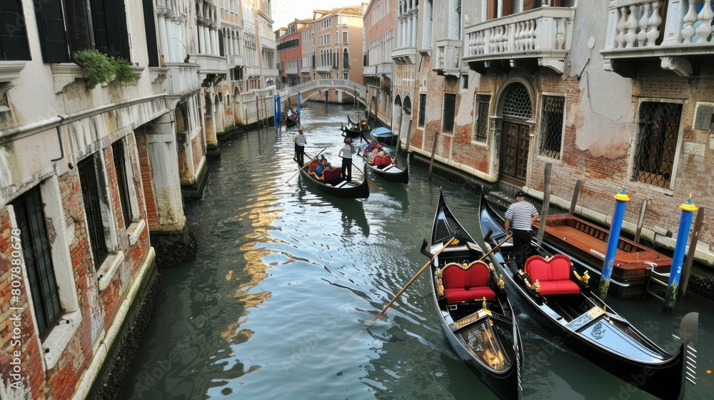 A fleet of traditional gondolas gliding along narrow canals in Venice,Italy