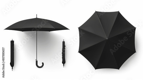 Modern realistic mockup of black automatic umbrella with metal handle, accessory for rain protection in spring, autumn, or monsoon season. photo