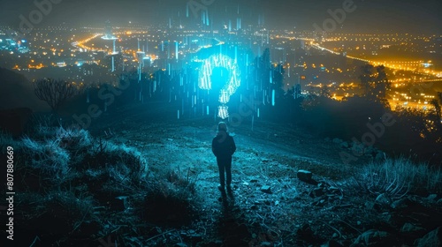 A person standing on a hill looking at lights in the sky, AI