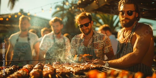 a bachelor party, with a group of men gathered around a barbecue grill, savoring grilled delights and sharing anecdotes, the aroma of smoke and food filling the air photo