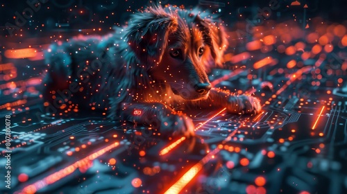 The image shows a glowing neon blue and red dog made of tiny particles on a glowing red and blue circuit board.