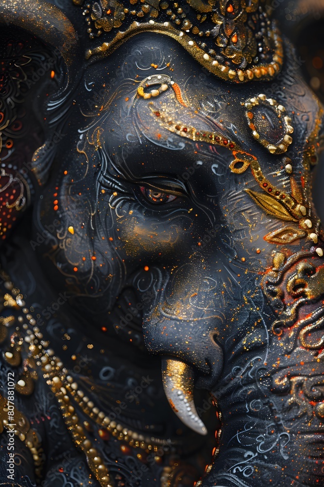 Obraz premium Vertical dark illustration of Lord Ganesha with gold ornament. God Ganesha art design for wallpaper, banner. Ganesh Chaturthi festival of India banner poster greeting card