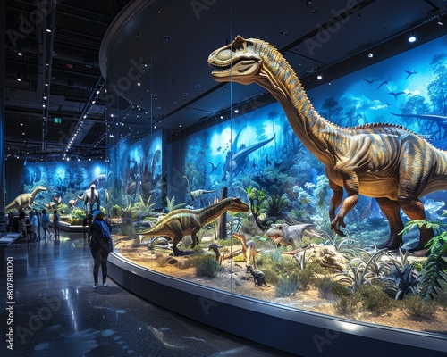 Fototapeta Naklejka Na Ścianę i Meble -  The photo shows a museum with a variety of dinosaur exhibits, including a large dinosaur skeleton and a diorama of dinosaurs in a natural setting.