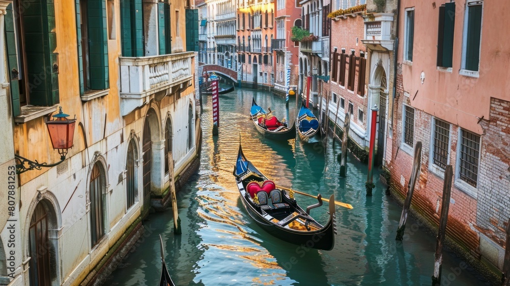 A fleet of traditional gondolas gliding along the tranquil canals of Venice,Italy