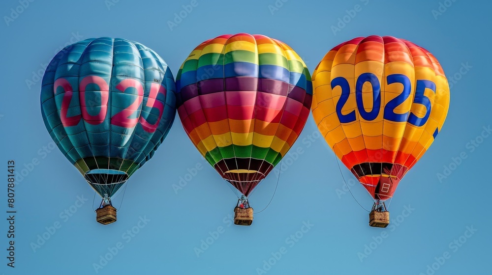 Fototapeta premium Three hot air balloons in vibrant colors floating in the sky, each marked with the year 2025