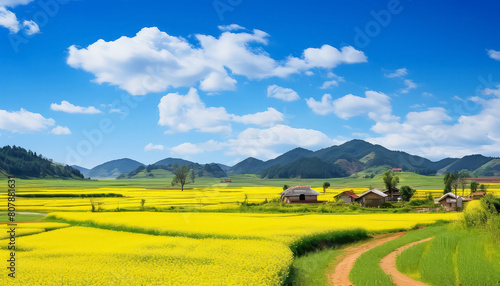 A beautiful countryside with a yellow field and a road leading to a village