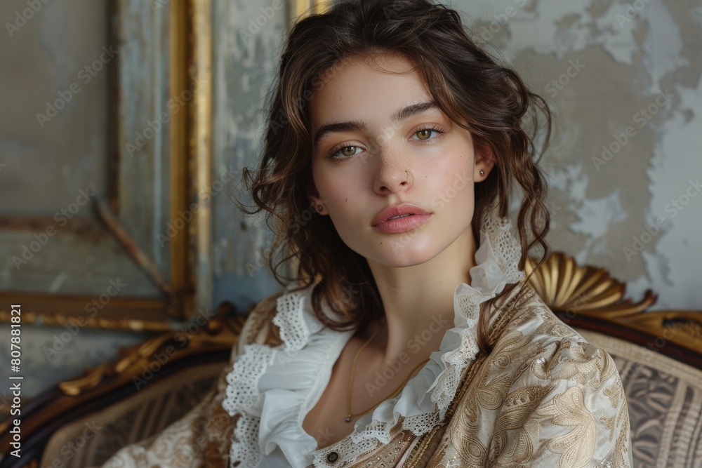 Fototapeta premium A young woman wearing an elaborate dress is seated on a chair