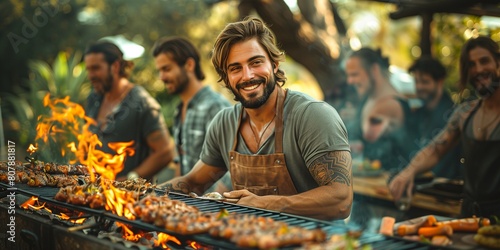 a bachelor party, with a group of men gathered around a barbecue grill, savoring grilled delights and sharing anecdotes, the aroma of smoke and food filling the air photo