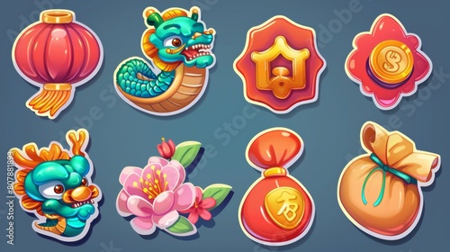 An assortment of Chinese New Year stickers featuring traditional symbols such as the Chinese dragon, a prediction cookie, a lamp, a flower bud and a flower in bloom, a golden coin with a square hole,