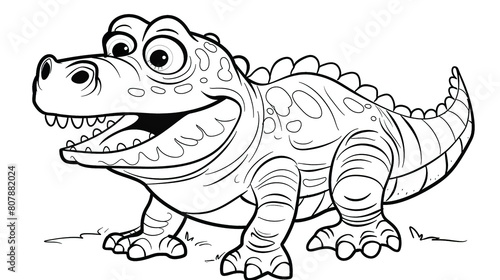 lineart black & white cartoon clean simple outline of a funny chubby crocodile, coloring book for kids