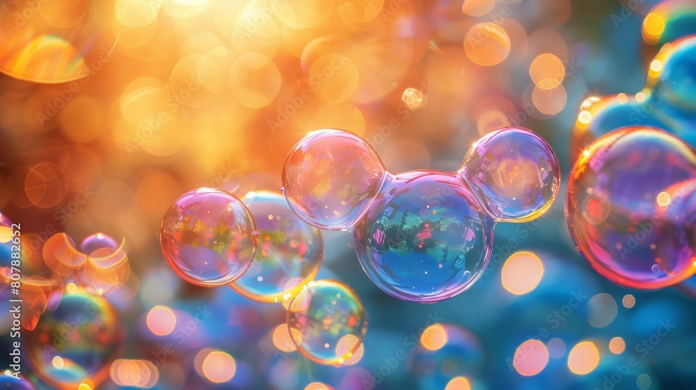 soap bubbles floating in the air, showcasing their iridescent colors and reflective surfaces