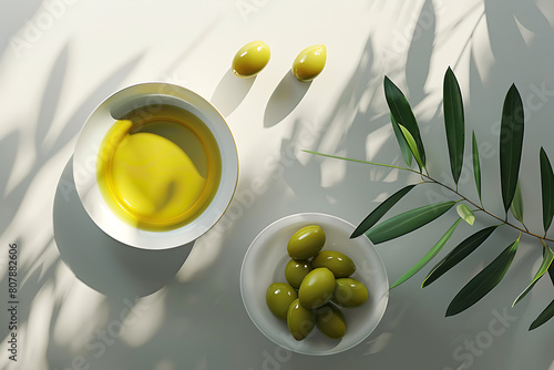 A close-up view of fresh olives and a bottle of olive oil, highlighting the essence of Mediterranean cuisine and healthy eating.