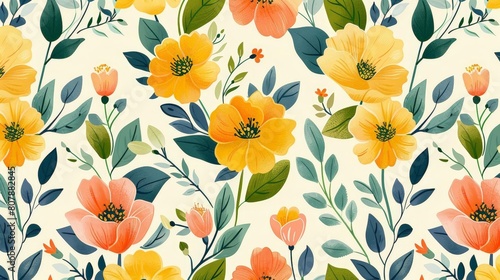 Wallpaper Mural abstract botanical pattern with floral motifs featuring orange and yellow flowers, green leaves, and a mix of orange and yellow flowers Torontodigital.ca
