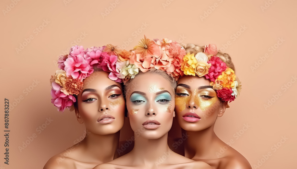 Three women with colorful makeup and flower headpieces
