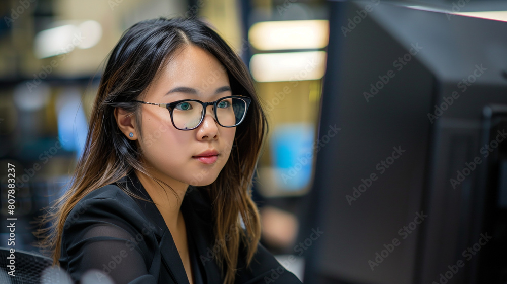 Candid natural photo of female network security IT specialist at work Candid natural photo of female network security IT specialist at work