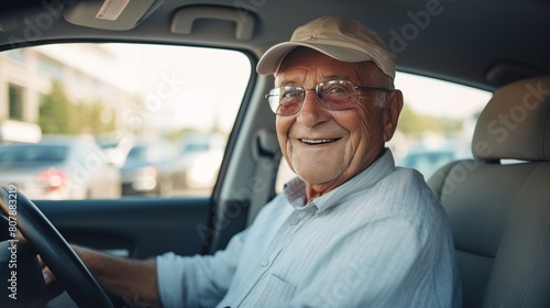 Happy moments, European pensioner smiling while driving