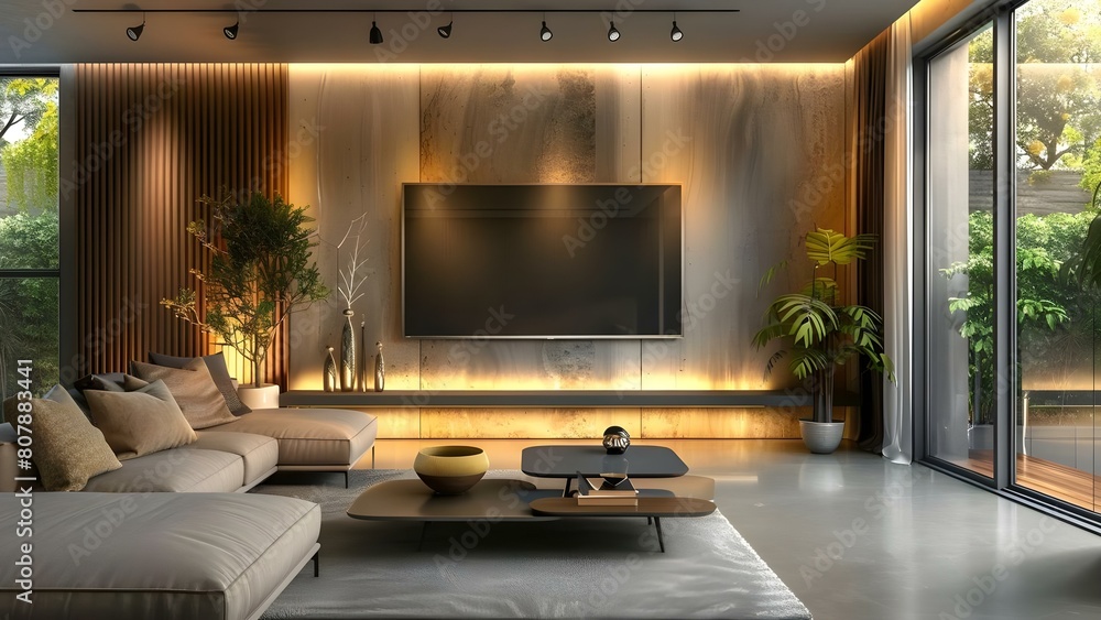 Sophisticated living room featuring a prominent TV display. Concept Living Room Decor, TV Display, Elegant Design, Sophisticated Style, Interior Design Sophisticated living room featuring a prominent TV display. Concept Living Room Decor, TV Display, Elegant Design, Sophisticated Style, Interior Design
