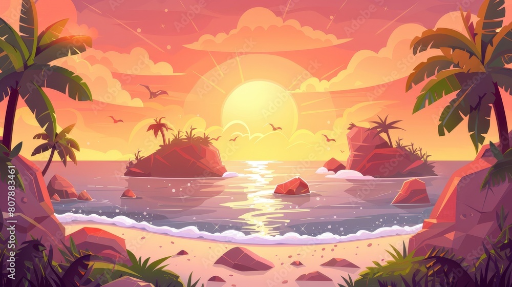 The sunrise sky above tropical island with an orange pink heaven, sun rising over the sea, palm trees and rocks around it. Beautiful natural landscape with shining Sol above water. Cartoon modern