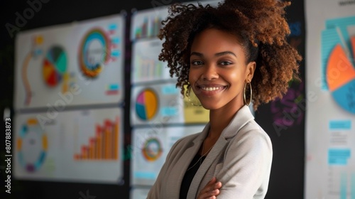 A smiling woman with curly hair standing in front of a wall, AI
