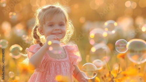 A young girl happily playing with soap bubbles outdoors in an open field