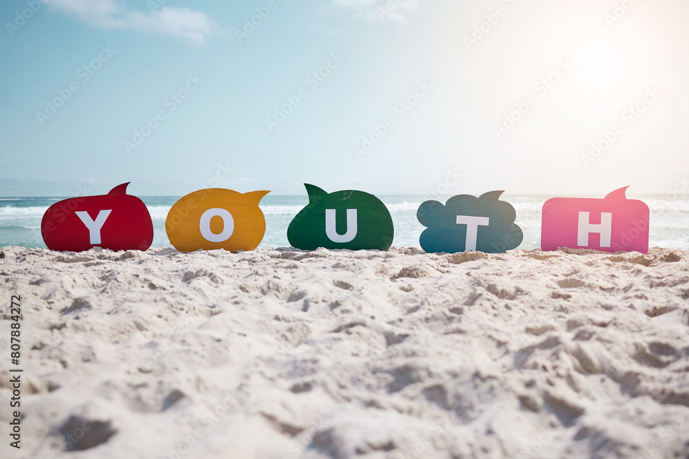 Speech bubbles, beach and sand with sunshine, textand word on the seashore with youth. Empty, color and letters with communication, lens flare and summer with opportunity, voice and opinion. Speech bubbles, beach and sand with sunshine, textand word on the seashore with youth. Empty, color and letters with communication, lens flare and summer with opportunity, voice and opinion.