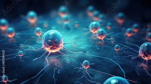 A conceptual image of a hightech medical examination of cancer cells, with micro to macro scaling, accentuated by dynamic neon lighting for dramatic effect photo