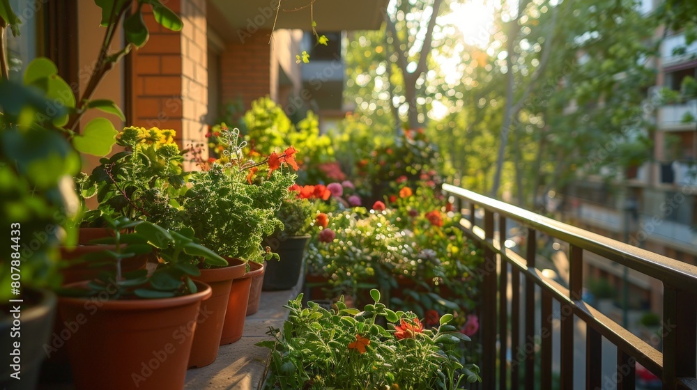 A balcony is fully covered with a variety of potted plants and colorful flowers, creating a lush and vibrant display