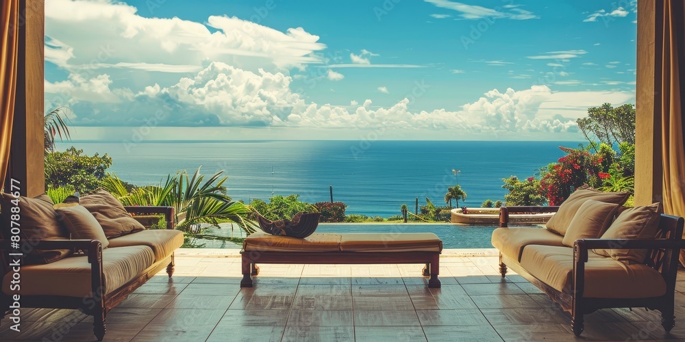 Fototapeta premium Elegant Sea View from Open Living Area of Luxury Villa, Tranquil Vacation Home