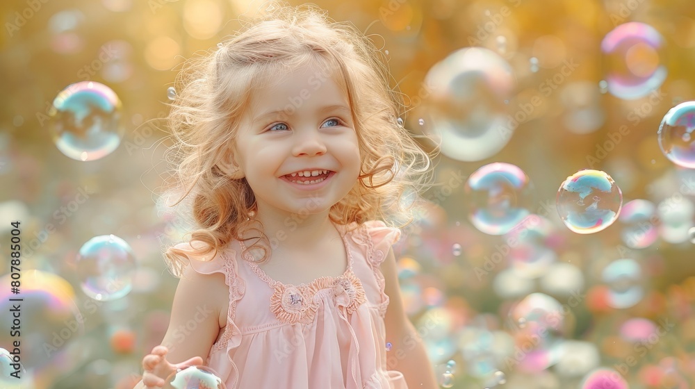 A young child joyfully plays outside, surrounded by floating soap bubbles A young child joyfully plays outside, surrounded by floating soap bubbles