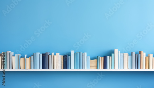 A row of books on a shelf with a blue background