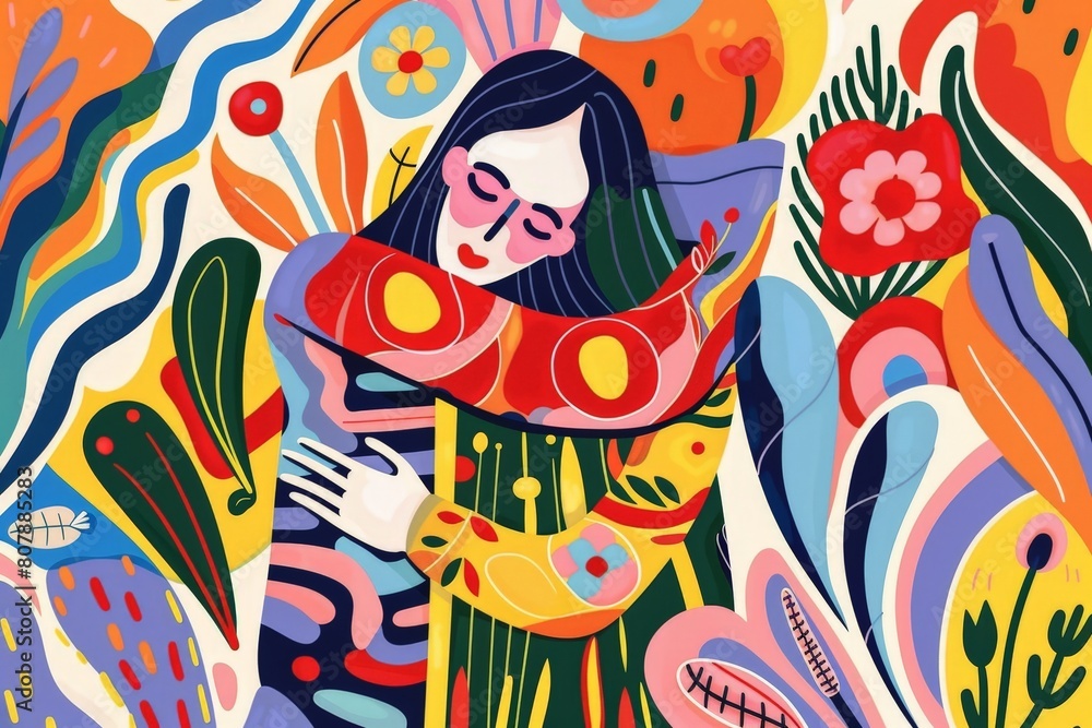 Colorful abstract illustration of a woman hugging, surrounded by vibrant floral and nature elements, symbolizing self-care.