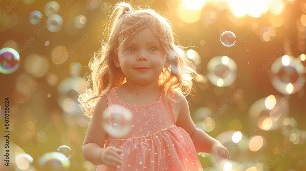 A young girl happily blows and plays with soap bubbles in a grassy field on a sunny day A young girl happily blows and plays with soap bubbles in a grassy field on a sunny day