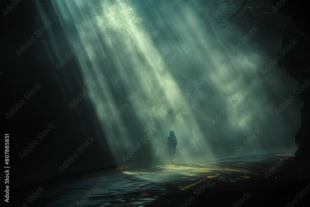 In the surreal mist of the lonely forest, a silhouette navigates the spooky path