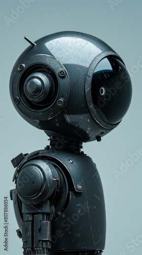 The robot has a round head, front view photo