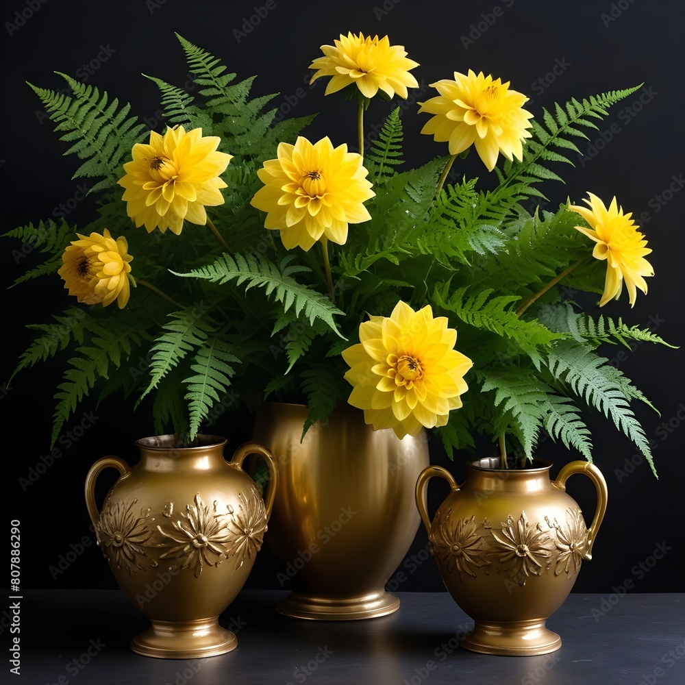 custom made wallpaper toronto digitalA bouquet of vibrant yellow dahlia flowers in golden vases against a dark background, with lush green fern leaves surrounding the arrangement