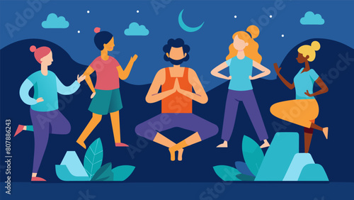 While moving to their personal rhythm participants feel a sense of connection and unity with their fellow quiet disco yogis.. Vector illustration