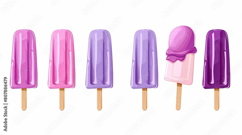 Ice cream with bite-sized fruit popsicles, ice cream on a wood stick, frozen juice on a stick. Modern realistic set of summer cold desserts isolated on white. Ice cream with bite-sized fruit popsicles, ice cream on a wood stick, frozen juice on a stick. Modern realistic set of summer cold desserts isolated on white.