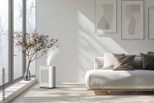 Explore the benefits of an air cleaner in a living room with this lifelike 3D render against a white wall room photo