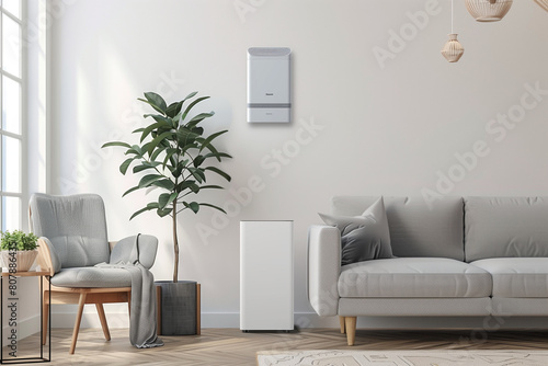 Explore the benefits of an air cleaner in a living room with this lifelike 3D render against a white wall room photo